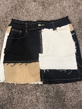 Patchwork Mini Skirt in Black, White & Tan